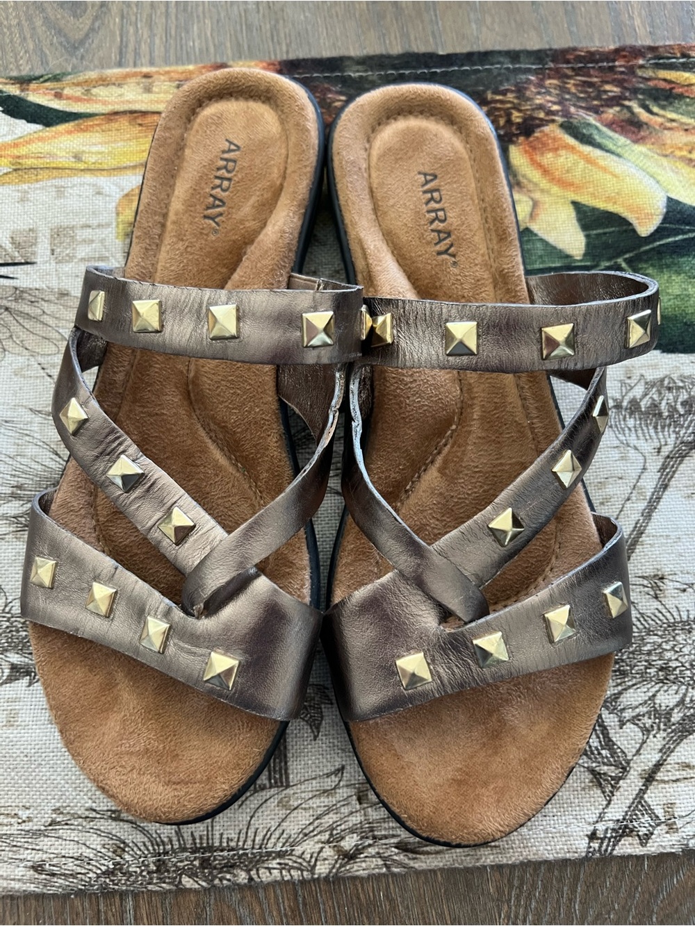 ARRAY Bronze Metallic Stud-Embellished Crisscross Slide Sandals